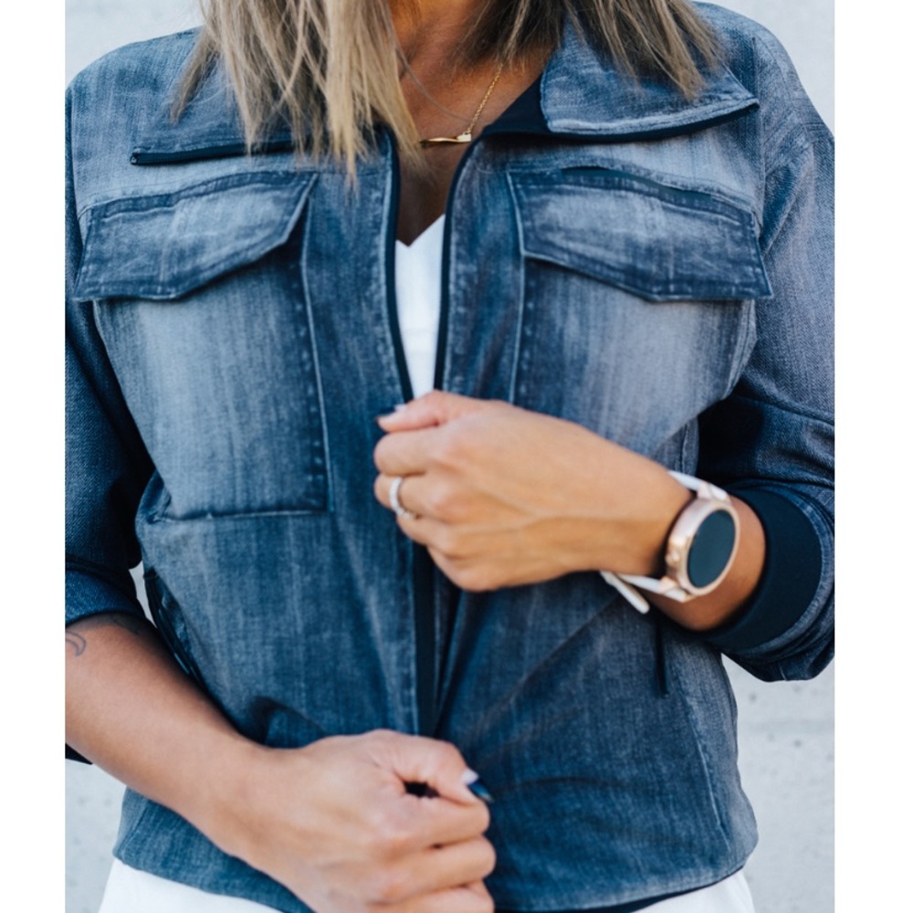 Lucy activewear bomber style faux denim jacket